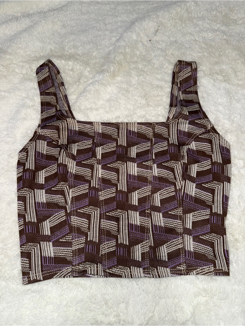 Geometric Square-Neck Crop Top in Brown & Purple